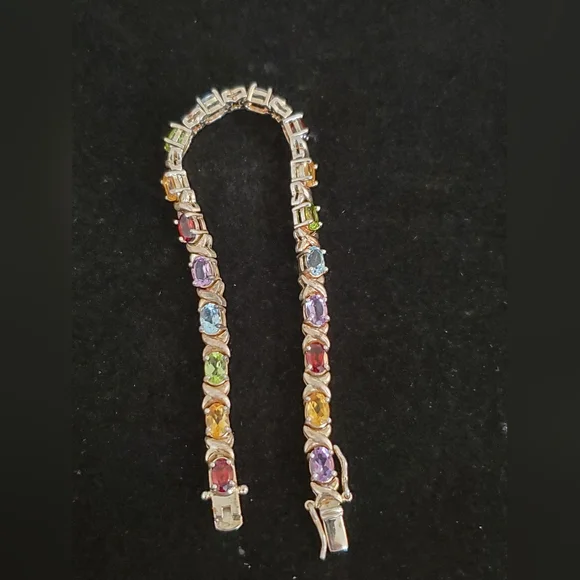 925 Sterling Silver Multi Gemstone Tennis Bracelet  Overtone Vintage - Picture 2 of 15